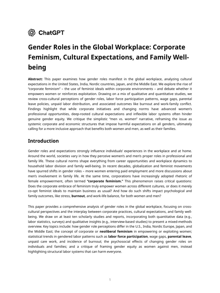 Gender Roles in Global Workplaces | PDF | Parental Leave | Feminism