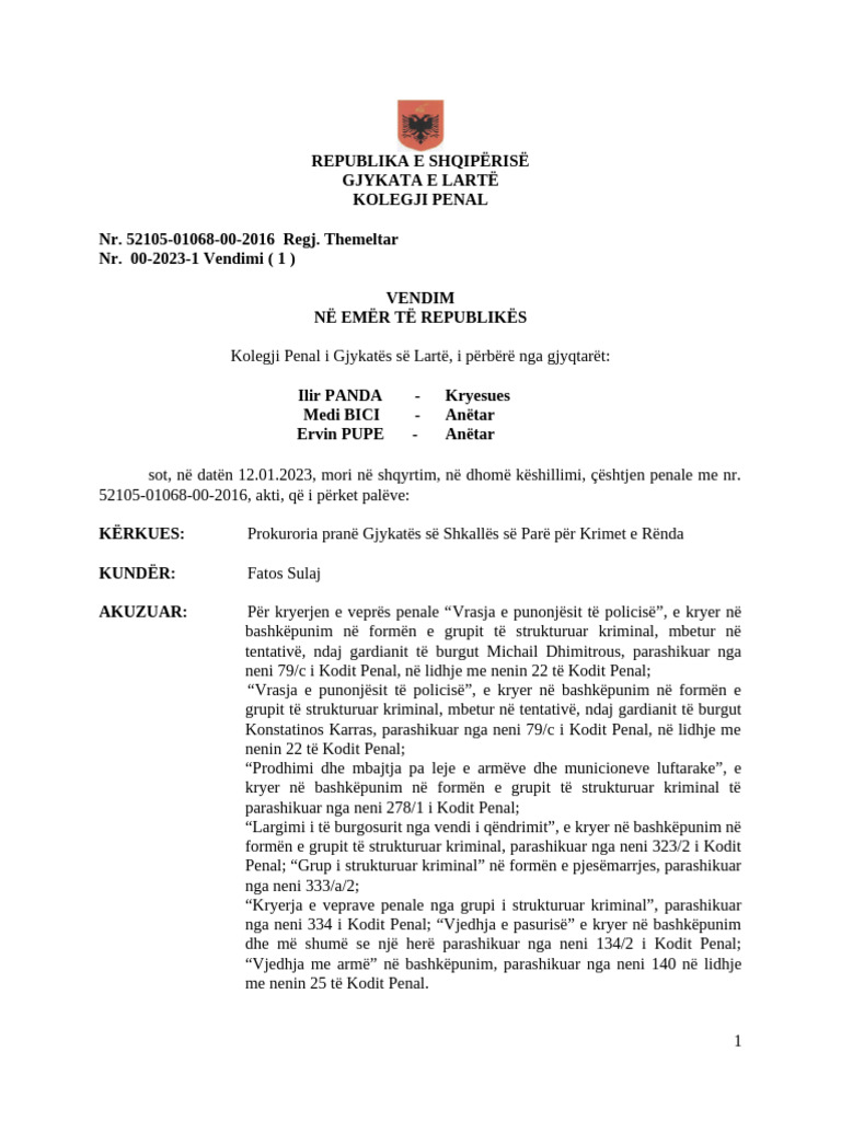Republika E Shqipërisë Gjykata E Lartë Kolegji Penal Nr. 52105-01068-00 ...