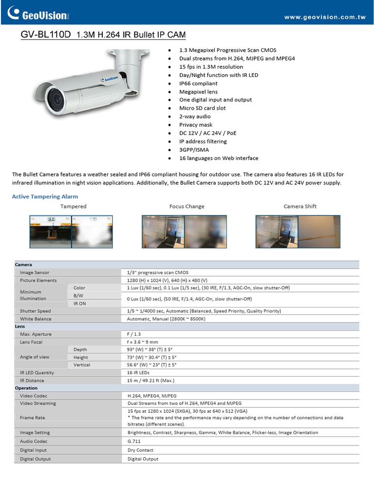 1.3MP Outdoor Bullet Camera Specs | PDF | Camera | Pixel