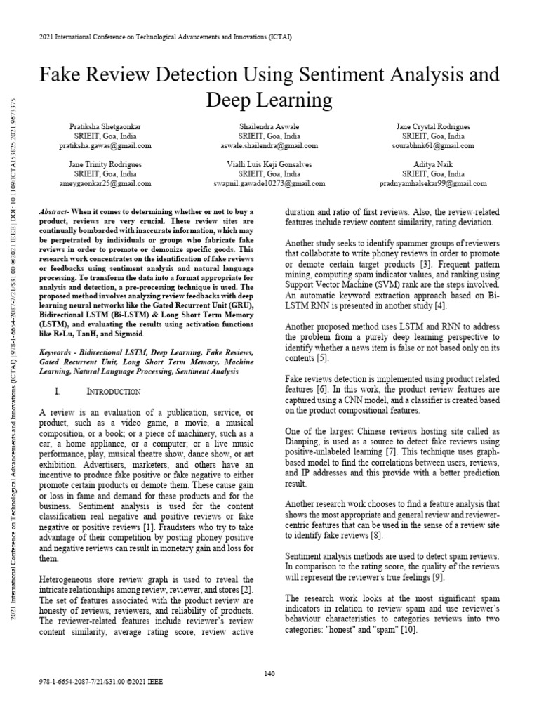 Fake Review Detection Using Sentiment Analysis and Deep Learning | PDF ...