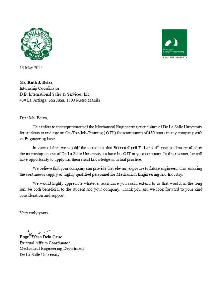 Request for Internship Placement at D.B. International | PDF