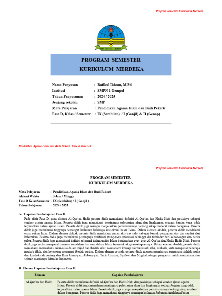Program Semester PAI Kelas 9 Merdeka | PDF