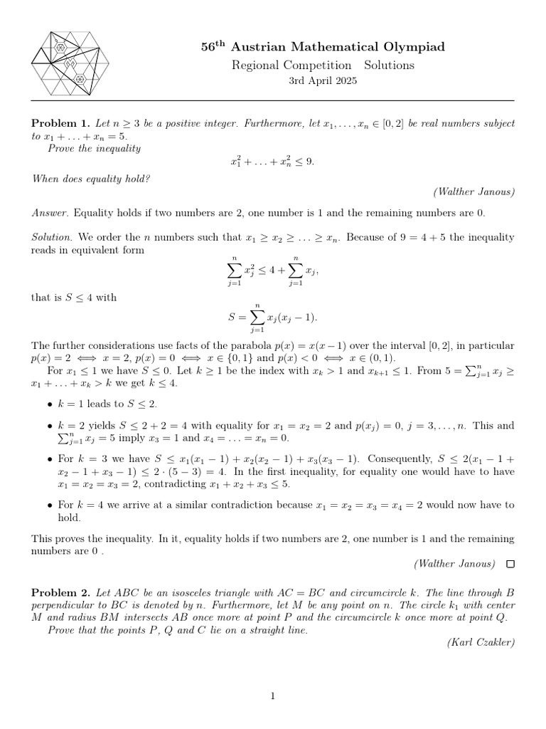 Austrian Math Olympiad 2025 Solutions | PDF | Triangle | Perpendicular
