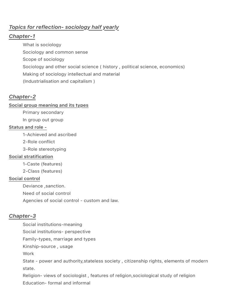 Topics For Reflection - Sociology Half Yearly | PDF