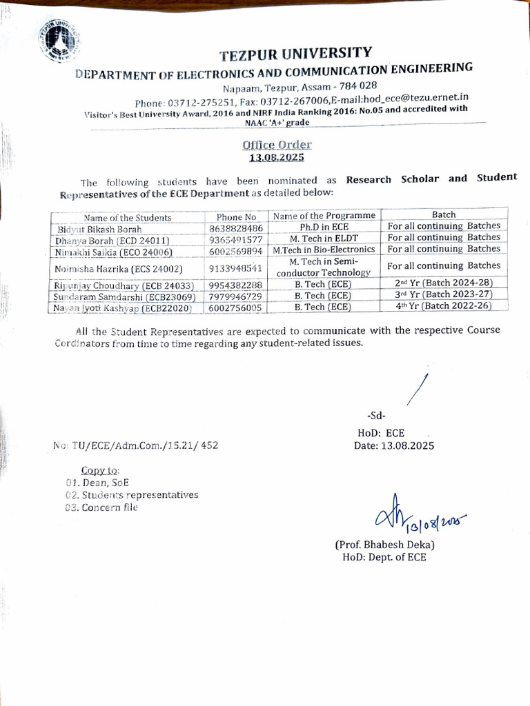 ECE Department Student Representatives 2025 | PDF