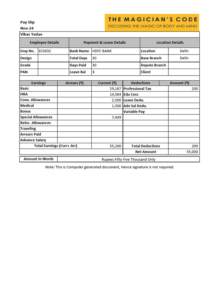 Employee Pay Slip and Leave Summary | PDF