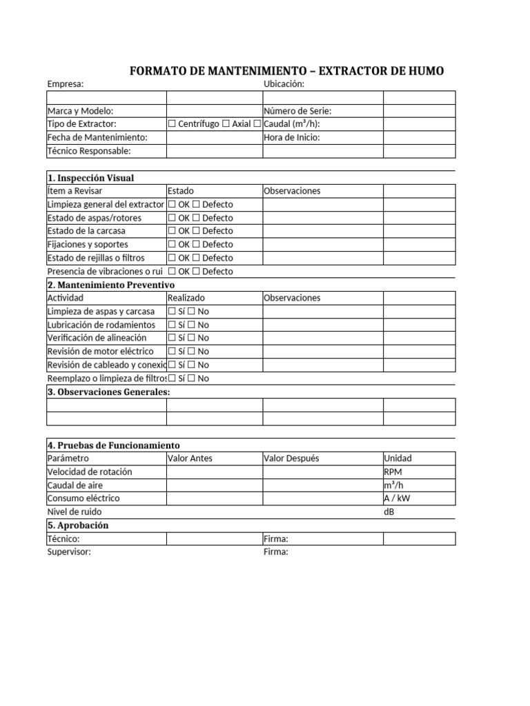 Mantenimiento Extractor de Humo: Formato Detallado | PDF