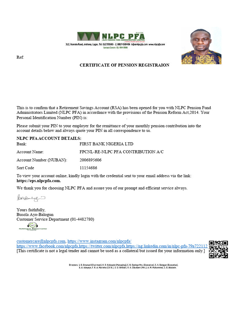 NLPC PFA Pension Registration Certificate | PDF