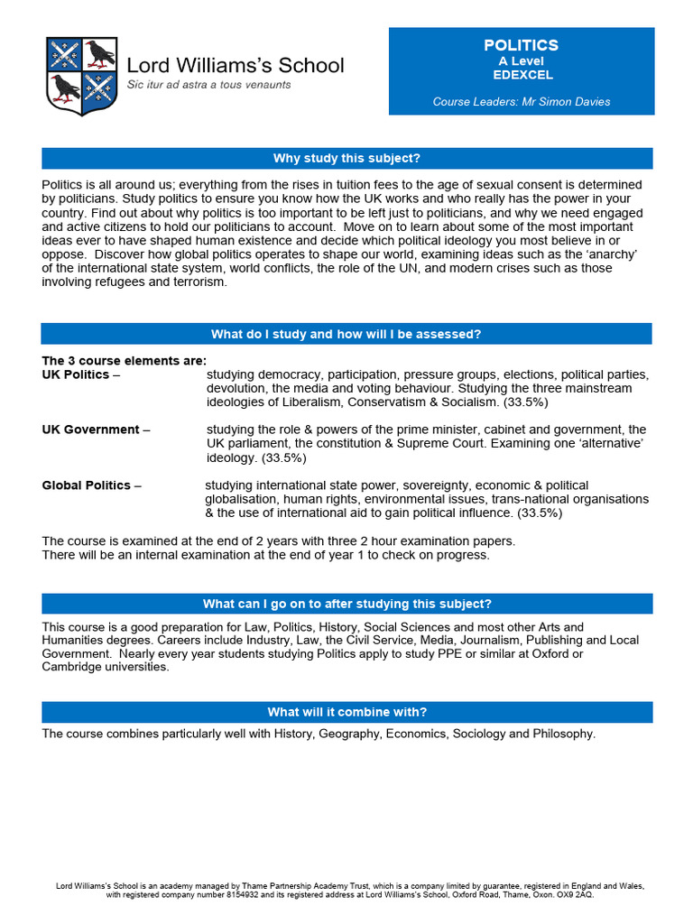 A Level Politics Course Overview | PDF | United Kingdom | University Of ...