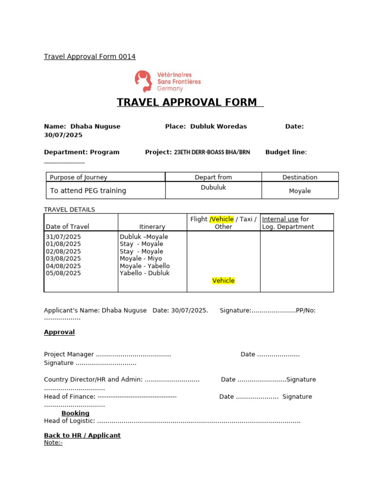 Travel Approval Form 0014 | PDF