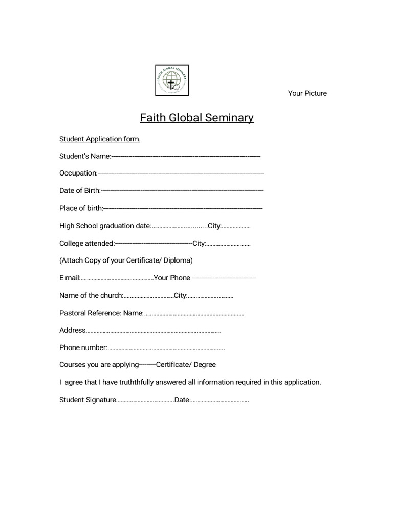 Faith Global Seminary Student Application | PDF
