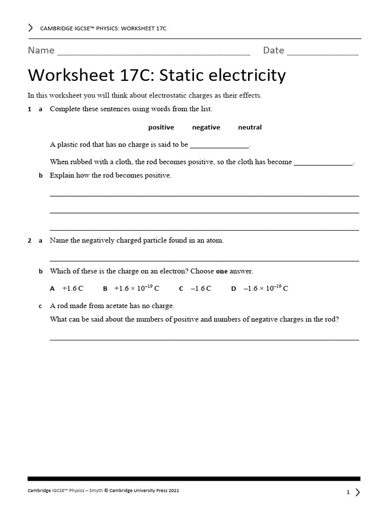 Static Electricity Worksheet for IGCSE | PDF | Electric Charge | Electron