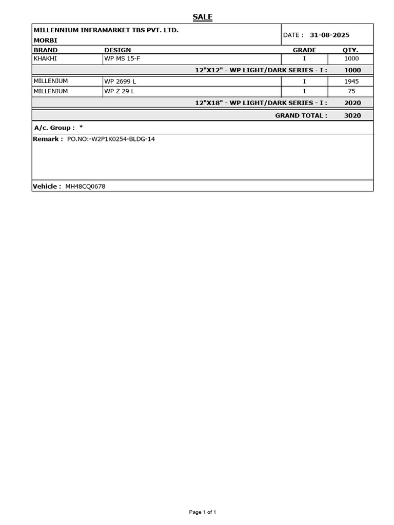 Sale Invoice for Millennium Inframarket | PDF