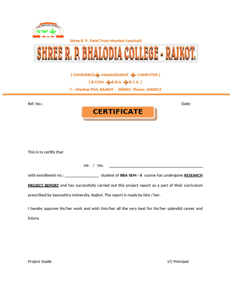 Bba Sem 6 Project Certi | PDF