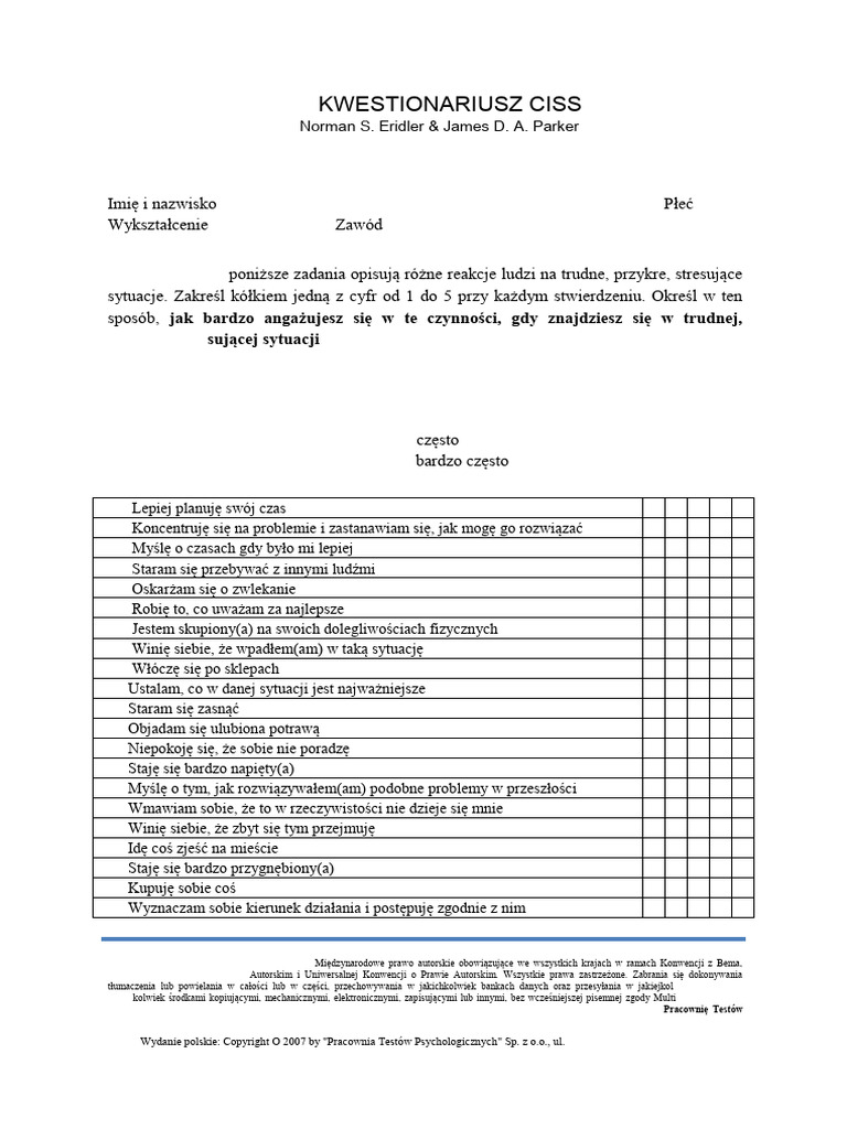 KWESTIONARIUSZ CISS Arkusz Odpowiedzi I Pytań | PDF