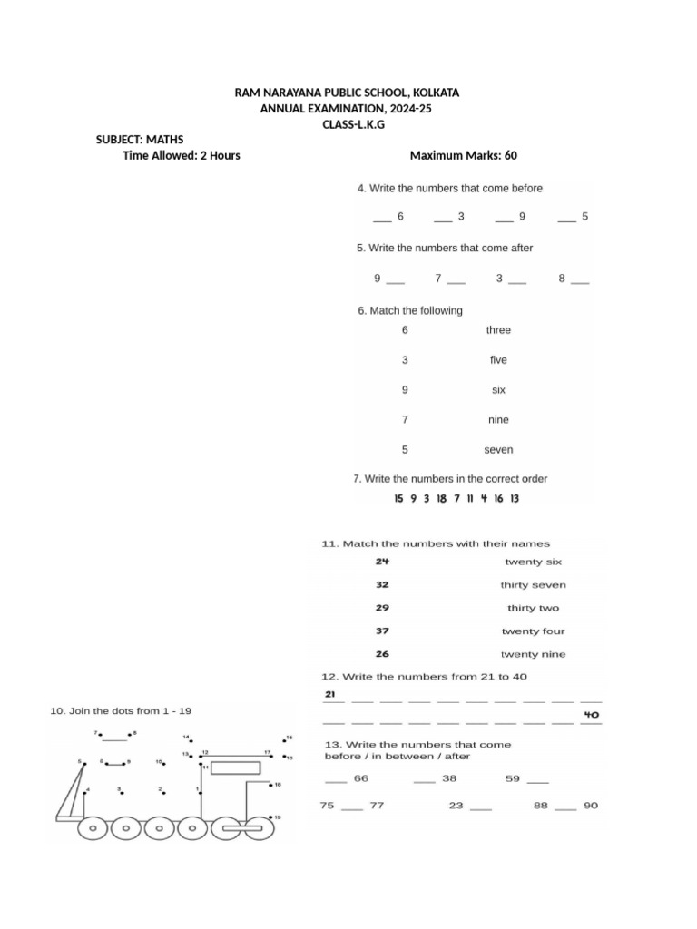 L.K.G Maths Exam Paper 2024-25 | PDF