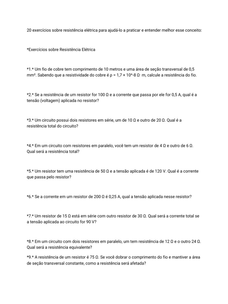 Exercícios de Resistência Elétrica 8º Ano | PDF | Resistor | Circuitos ...