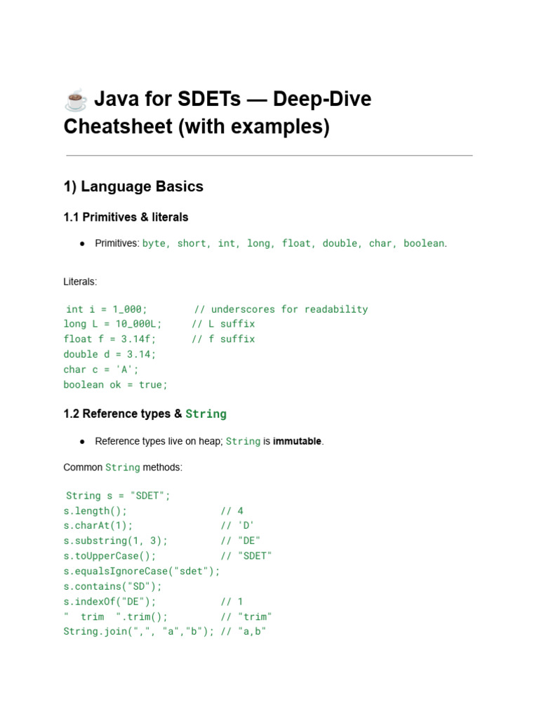 Java SDET Cheatsheet: Key Concepts | PDF | Method (Computer Programming ...