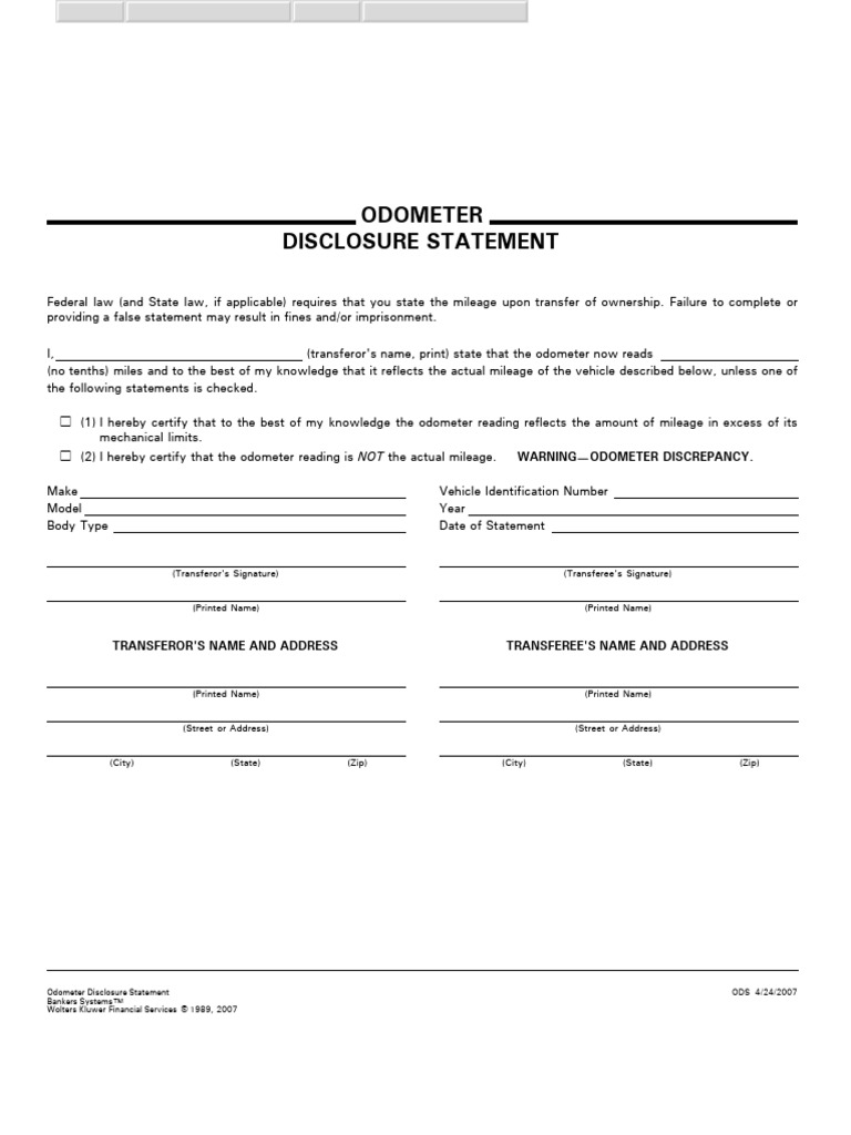 Federal Odometer Disclosure Statement | PDF