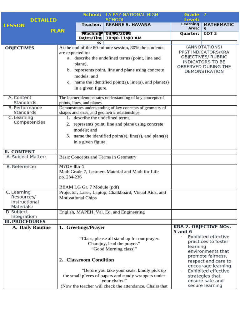 Geometry Lesson Plan for Grade 7 | PDF | Teachers | Mathematics