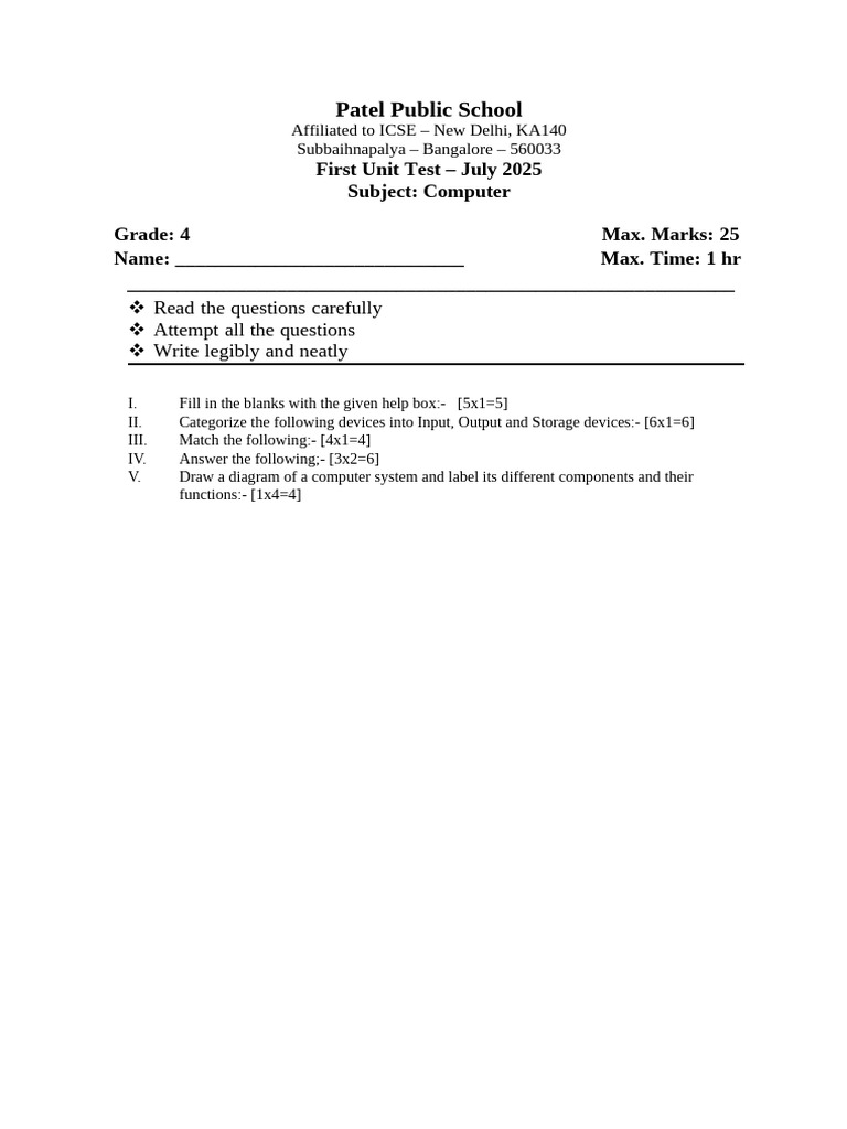 Grade 4 Computer Unit Test 2025 | PDF