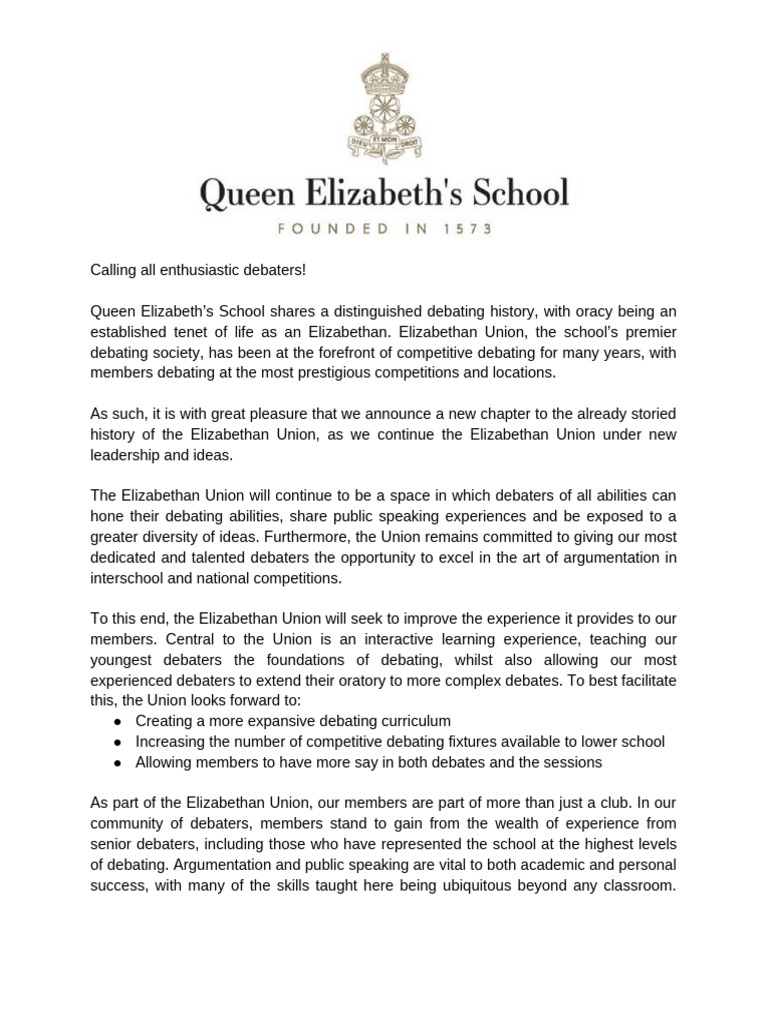 Elizabethan Union Letter September 2025 | PDF | Public Speaking | Learning