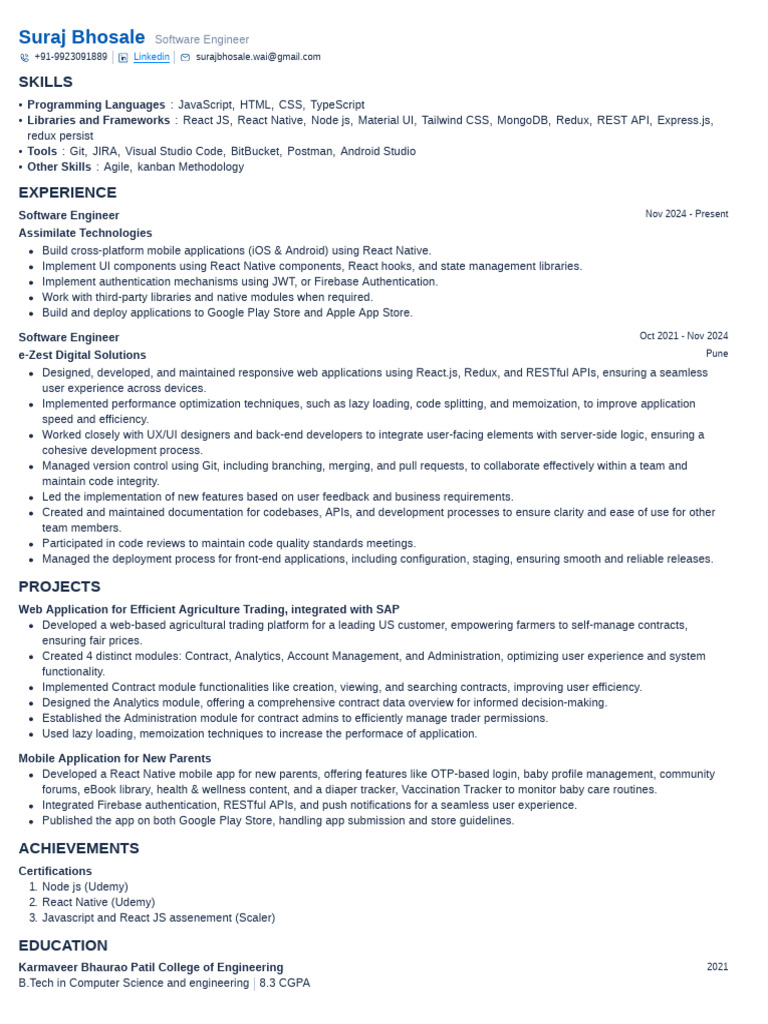Suraj Bhosale - Software Engineer Profile | PDF | Mobile App ...