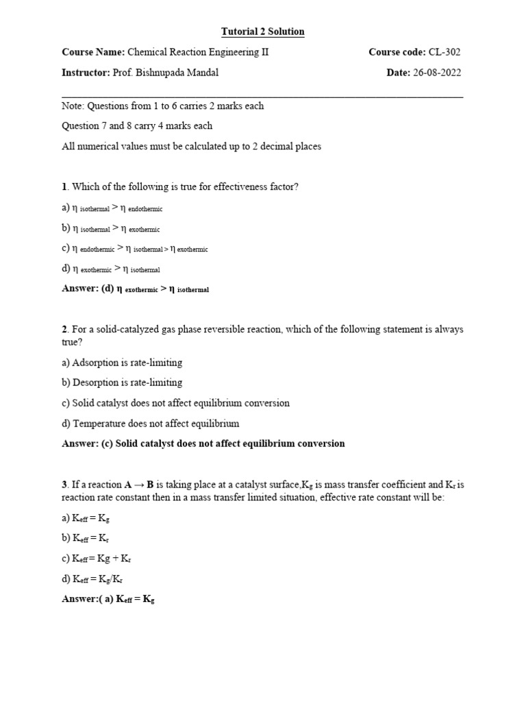 Chemical Reaction Engineering II Solutions | PDF | Reaction Rate ...
