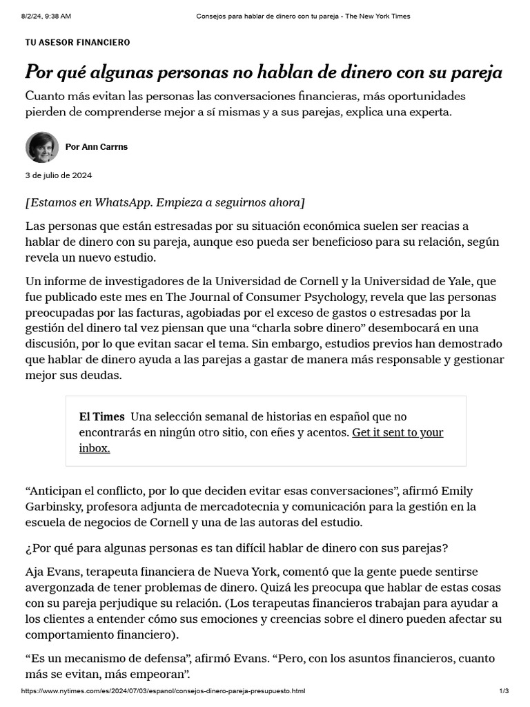 Consejos para Hablar de Dinero Con Tu Pareja - The New York Times | PDF ...