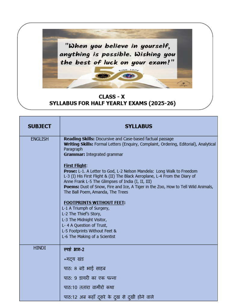Class X Half Yearly Exam Syllabus 2025-26 | PDF | Equations