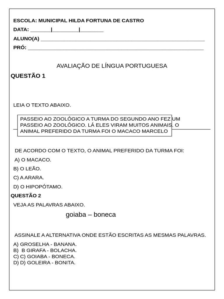 Avaliação de Língua Portuguesa 2º Ano | PDF