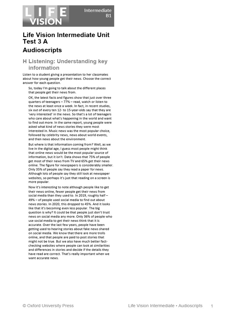 Lif Visi Int Unit 3a Audio Script | PDF | News