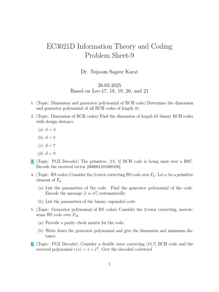 BCH and RS Codes Problem Sheet | PDF