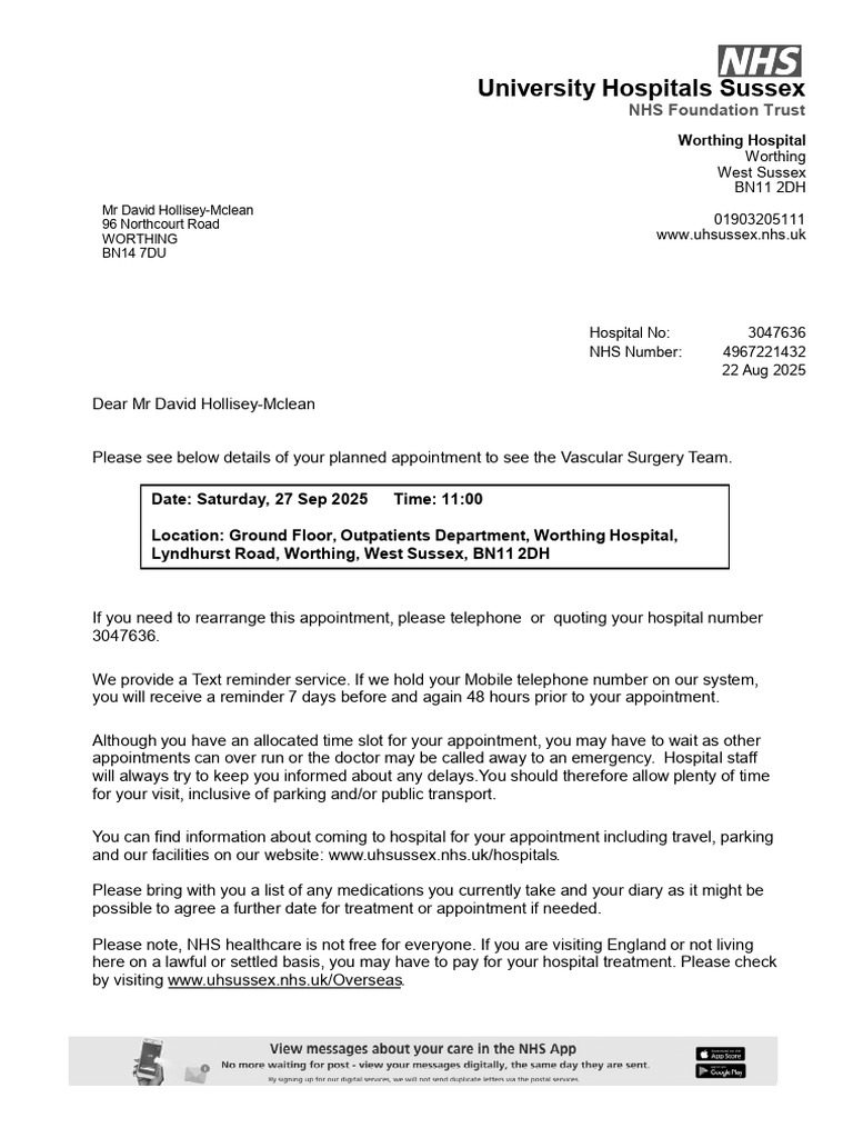 Vascular Surgery Appointment Details | PDF | Hospital | National Health ...