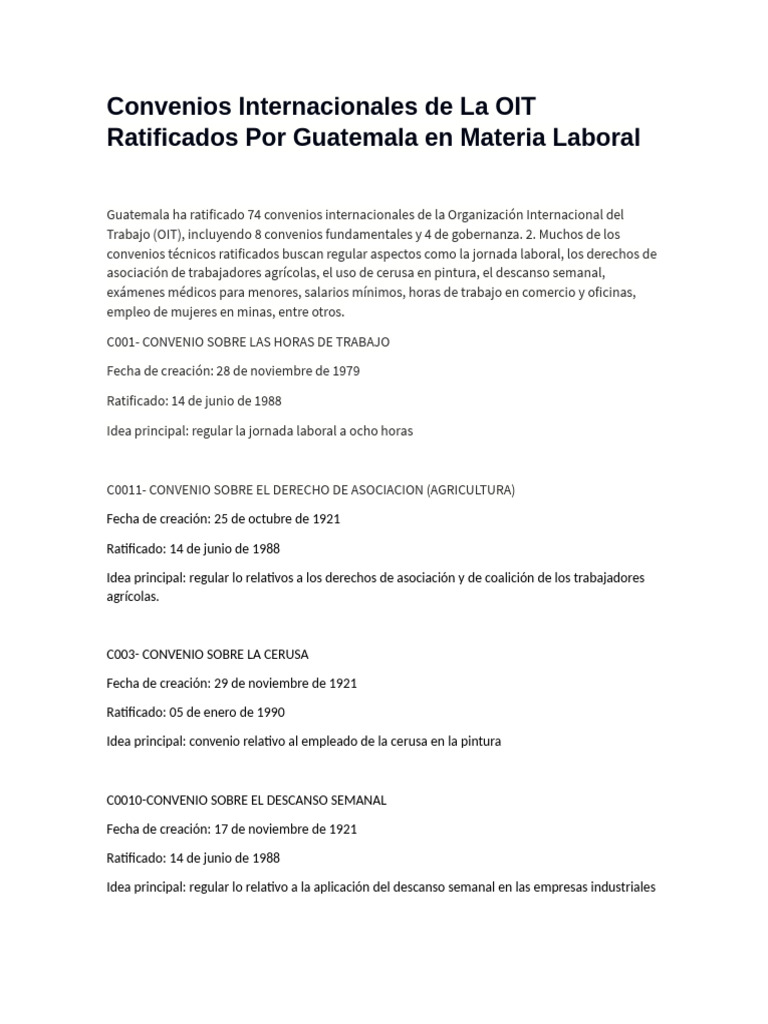 Convenios Internacionales de La OIT Ratificados Por Guatemala en ...