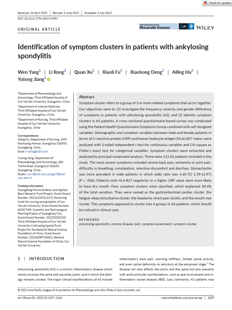 Int J of Rheum Dis - 2022 - Yang - Identification of Symptom Clusters ...