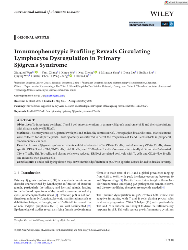 Int J of Rheum Dis - 2025 - Wen - Immunophenotypic Profiling Reveals ...