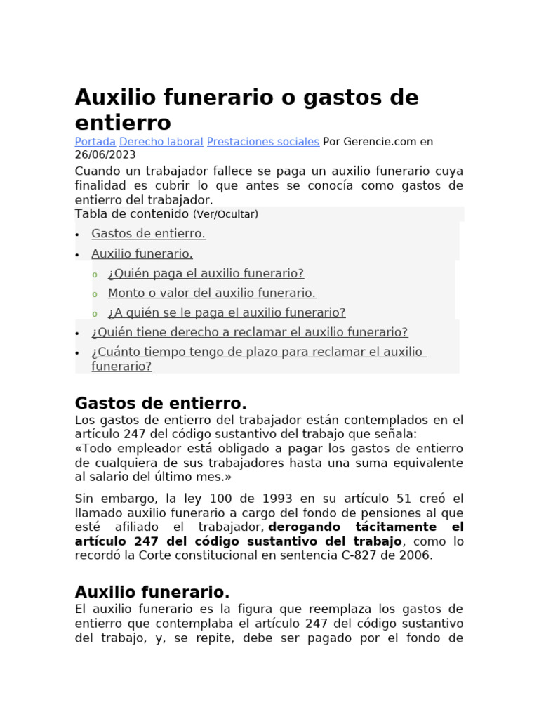 Auxilio Funerario o Gastos de Entierro | PDF | Salario | Salario mínimo