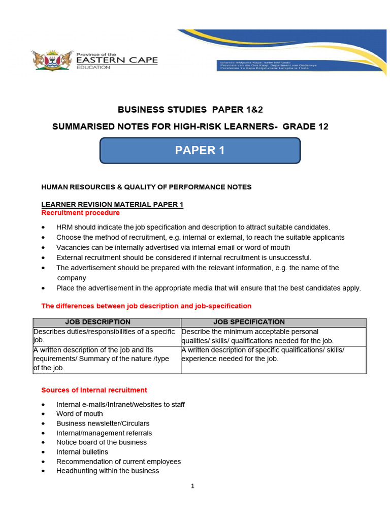 Grade 12 Business Studies Notes for High Risk Learners | PDF ...