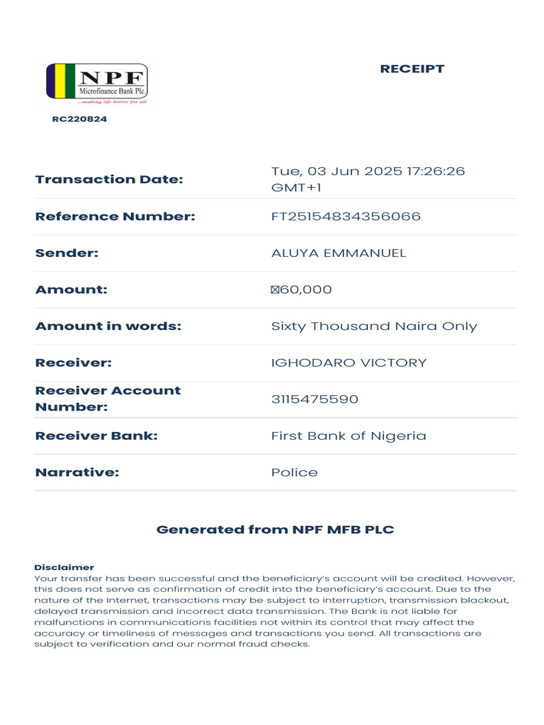 Successful Fund Transfer Receipt | PDF