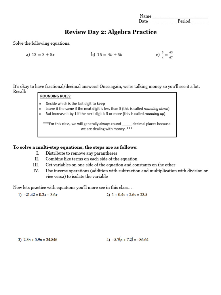 Algebra Practice Review for Cherie Patterson | PDF | Multiplication ...