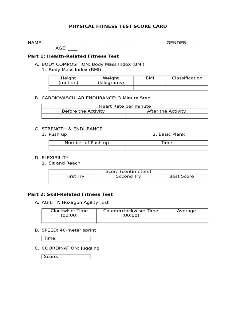 Physical Fitness Test Score Card | PDF