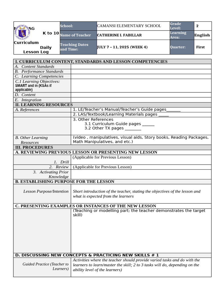 Grade 2 English Daily Lesson Log | PDF | Teachers | Learning