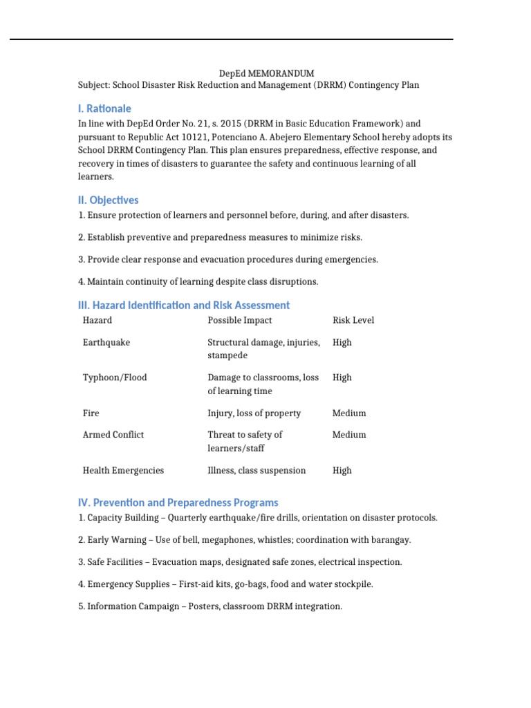 School DRRM Contingency Plan Guide | PDF | Emergency Management | Safety