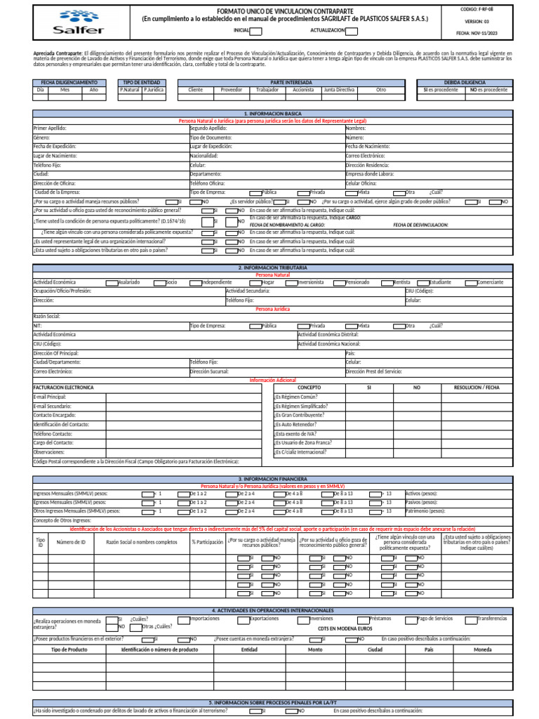 Formato de Vinculación Contraparte SAGRILAFT | PDF | Crédito | Finanzas ...