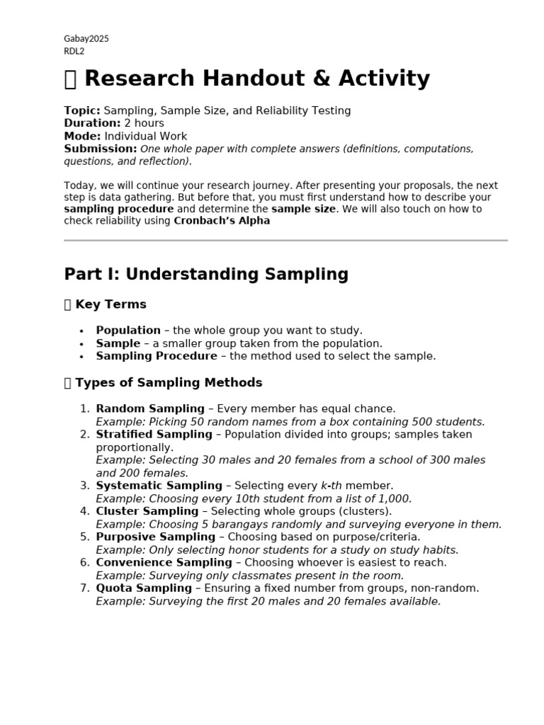 Sampling Slovins and Cronbach Handout | PDF | Sampling (Statistics ...