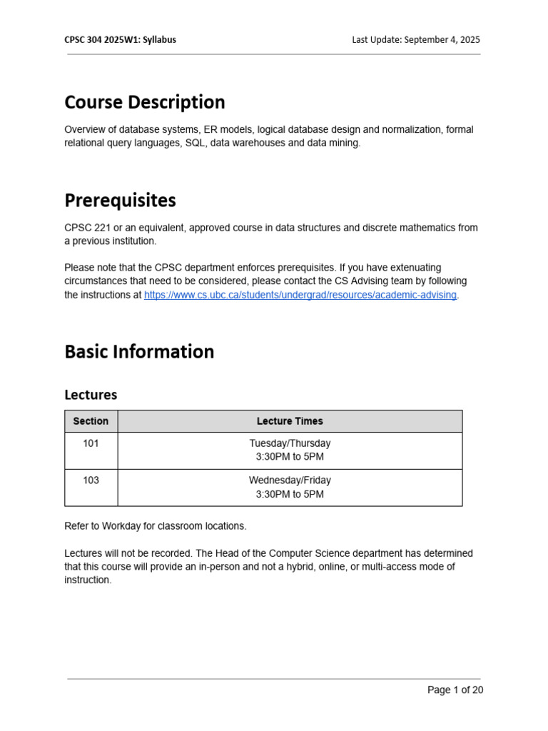 CPSC 304 Database Systems Syllabus 2025 | PDF | Databases | Sql