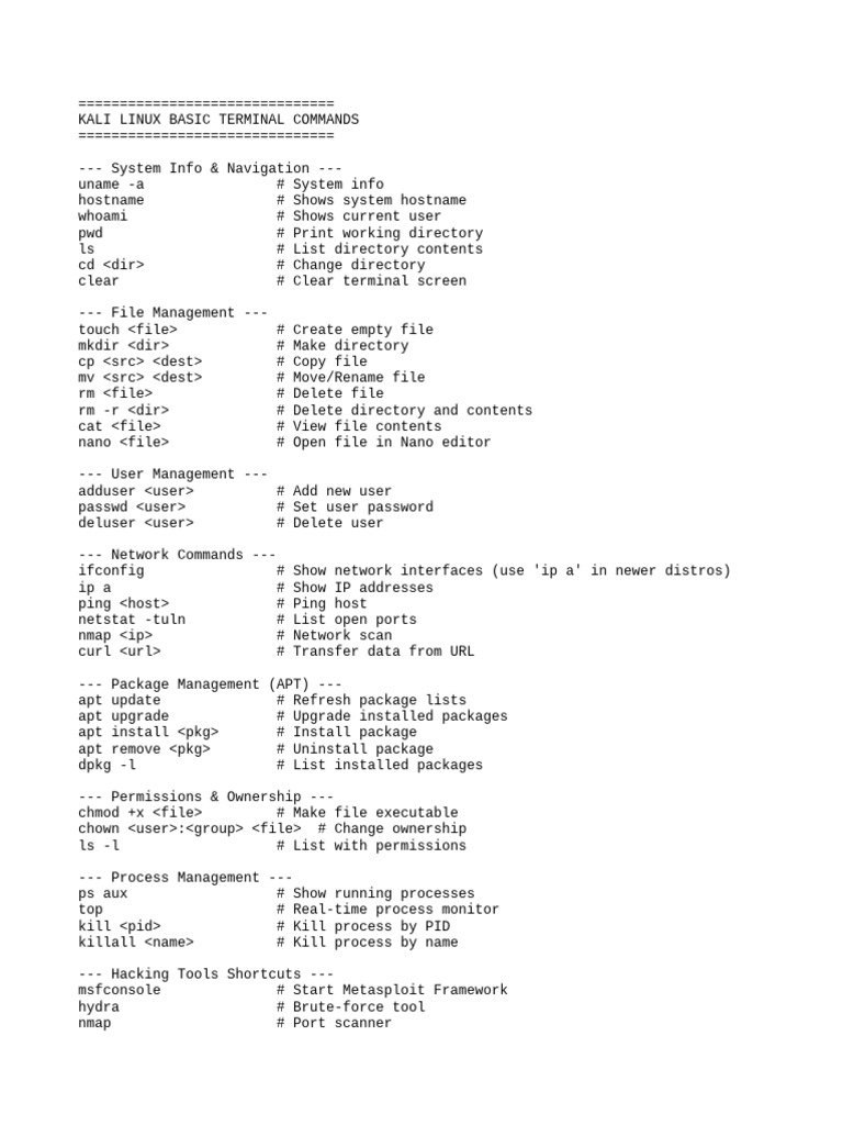 Kali Basic Terminal Commands | PDF