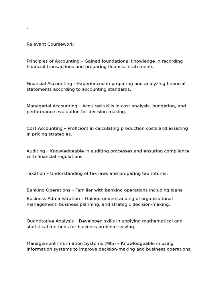 Relevant Coursework in Accounting & Business | PDF