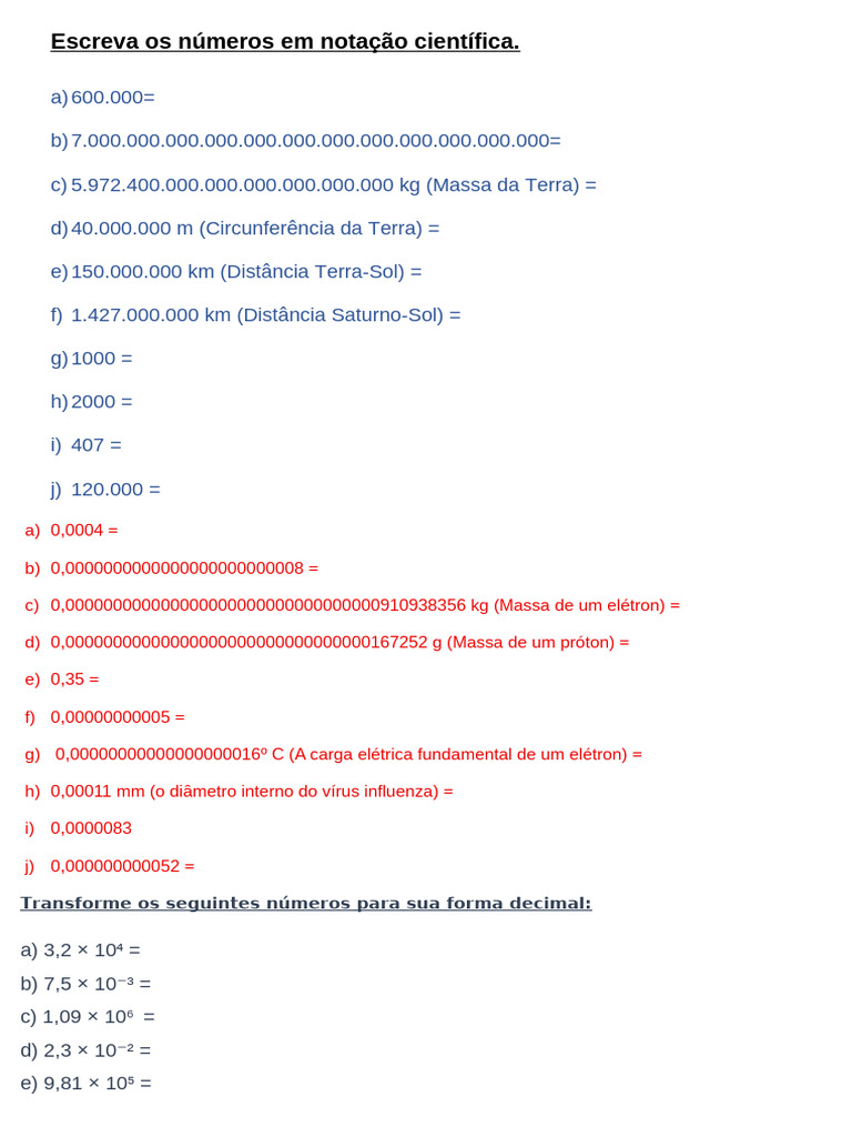 Números em Notação Científica e Decimal | PDF